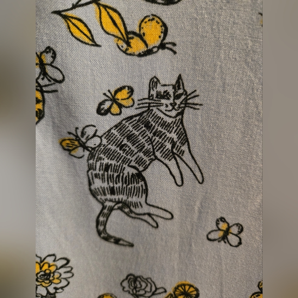 Modcloth Light Blue Cat & Floral Print Blouse with Yellow Accents
